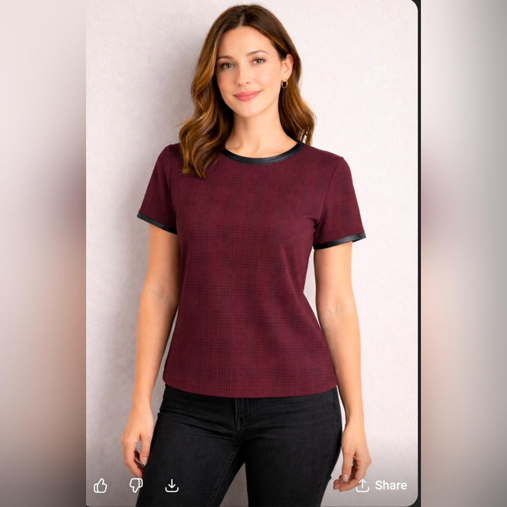 Ann Taylor Dark Red Checkered Short Sleeve Top